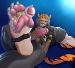 anthro barefoot fangs feet foot_fetish foot_focus genitals male masturbation pawpads penis solo stripes tail teeth vein veiny_penis weskers epic_games fortnite oscar_(fortnite) felid mammal pantherine tiger hi_res