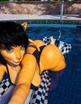 anthro big_butt bikini black_clothing black_hair blue_eyes butt clothing female hair looking_at_viewer lying orange_body pool pool_float selfie smile smiling_at_viewer solo striped_body stripes swimwear tail two-piece_swimsuit wet bustin3d agnes_(bustin3d) domestic_cat felid feline felis mammal tabby_cat absurd_res hi_res