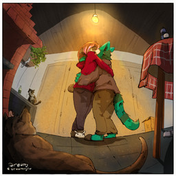 anthro barbecue blue_body blue_fur bottle bowl clothed clothing container duo female footwear fur furniture glass hug light male male/female plant shoes slippers standing table white_body white_fur wood dreamingfur ailurid bear domestic_cat felid feline felis giant_panda mammal red_panda hi_res
