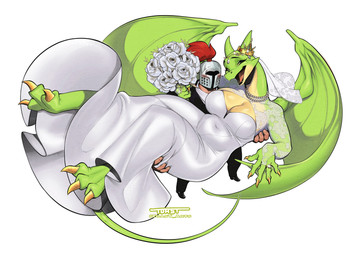 anthro breasts clothing crown digit_ring dress female headgear jewelry knight male ring tail warrior wedding_dress wedding_ring wings toast-arts mythology dragon human mammal mythological_creature mythological_scalie scalie absurd_res hi_res