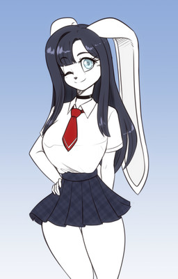 accessory anthro black_hair blue_eyes bottomwear choker clothing female hair hand_on_hip jewelry necklace necktie one_eye_closed school_uniform shirt skirt smile solo thigh_gap topwear uniform white_body wink scorpdk lagomorph leporid mammal rabbit 2026 absurd_res hi_res
