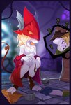 anthro blue_border blurred_background blush border bra clothing feet female fingers fur hair hat headgear headwear holding_object question_mark toes underwear weapon shnider final_fantasy final_fantasy_ix square_enix freya_crescent sir_fratley burmecian mammal murid rodent 2023 absurd_res digital_media_(artwork) hi_res