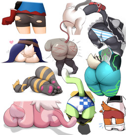 2_tails accessory ambiguous_gender anthro apron apron_only bent_over big_butt black_body bottomwear bottomwear_down bottomwear_pull breasts briefs butt butt_focus butt_squish cat_tail clothed clothing clothing_pull disembodied_hand female furgonomics green_body grey_body group kemono legwear lying maid_uniform male medium_butt multi_tail nude panties pants pants_around_ankles pants_down pants_pull partially_clothed pink_body raised_tail rear_view ribbons sailor_uniform scut_tail shaking short_tail side_boob sitting small_butt squish standing tail tail_accessory tail_ribbon thick_thighs thigh_gap thigh_highs tight_clothing trembling underwear uniform whip_mark kumadori nintendo pokemon canid canine felid feline generation_1_pokemon human lagomorph legendary_pokemon mammal mew_(pokemon) pokemon_(species) rodent unknown_species 2025 absurd_res hi_res