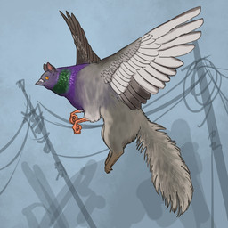 abstract_background ambiguous_gender avian_feet beak feathered_wings feathers feral fluffy fluffy_tail flying fur grey_body grey_feathers grey_fur iridescent_feathers multicolored_body outside paws solo tail utility_pole wings yellow_eyes heimeldat mythology avian bird columbid gryphon hybrid mammal mythological_avian mythological_creature north_american_rock_gryphon pigeon rodent sciurid squigeon tree_squirrel 1:1 english_description hi_res