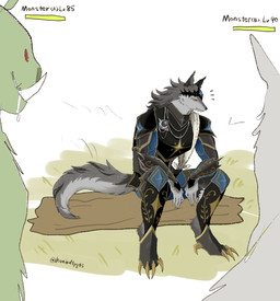 anthro armor black_body bodily_fluids drooling gameplay_mechanics grass group male male/male mouth_closed notice plant saliva sitting trio wood lovebuffpg45 canid canine canis mammal orc wolf absurd_res colored_sketch comic hi_res signature sketch