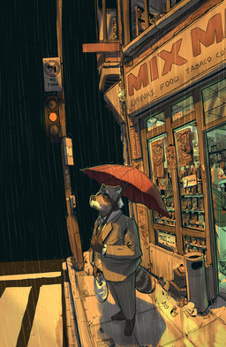 anthro bottomwear clothing detailed_background duo eyewear glasses humanoid_hands male mature_male necktie night outside pants raining sad shirt slightly_chubby suit topwear umbrella serpent_x marty_raccoon mammal procyonid raccoon 2022 absurd_res digital_media_(artwork) digital_painting_(artwork) hi_res painting_(artwork)
