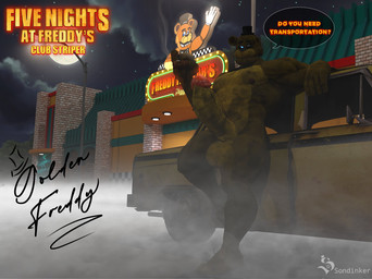 anthro ball balls car cigarette fog genitals hair hair_bun machine male muscular muscular_male night penis poster solo vehicle sondinker_fazbear's five_nights_at_freddy's scottgames golden_freddy_(fnaf) animatronic robot 3d_(artwork) digital_media_(artwork) hi_res