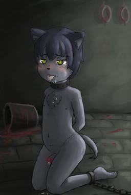 after_sex anthro biped black_nose blush bodily_fluids bound bucket censor_bar chain chained collar container cum cum_in_mouth cum_inside fur genital_fluids genitals grey_body grey_fur grey_hair hair ineffective_censorship inside kneeling male nipples nude penis shota solo tears tongue tongue_out yellow_eyes young young_anthro elsr.lobo canid canine mammal 2015 absurd_res censored hi_res