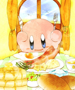 bacon blue_eyes blush bodily_fluids bread breakfast drooling food fried_egg male meat not_furry pancake salad saliva solo きーうぃ(もひ) kirby_(series) nintendo kirby alien waddling_head
