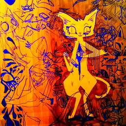 ambiguous_gender anthro blood blue_blood bodily_fluids colored_blood fur gore holding_knife holding_object knife orange_body orange_fur self-harm smile solo standing unusual_blood unusual_bodily_fluids naircat domestic_cat felid feline felis mammal 2015 hi_res restricted_palette