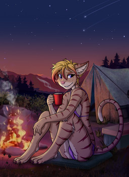 4_toes anthro barefoot beverage bikini blue_eyes campfire camping claws clothed clothing coffee container cup detailed_background digitigrade exposure_variation eyebrows feet female fire forest freckles fur grass hair holding_container holding_cup holding_object inner_ear_fluff looking_at_viewer multicolored_body multicolored_fur night outside pink_nose plant raised_eyebrow shooting_star sitting sky smile smoke solo star starry_sky steam stripes sunset swimwear tent toes tree tuft two-piece_swimsuit shurikoma_(artist) kate_(pino.noir) felid feline mammal absurd_res digital_media_(artwork) hi_res