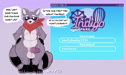 anthro artificial_intelligence balls belly black_nose claws dialogue dotted_background erection fur genitals glans grey_body grey_fur humanoid_genitalia humanoid_penis humor kerchief male markings neckerchief neckwear nipples nude pattern_background penis purple_eyes shortstack shortstack_male simple_background smile smirk solo speech_bubble striped_markings striped_tail stripes tail tail_markings text thick_thighs wide_hips neyyrie indigo_park rambley_raccoon digital_creature mammal procyonid raccoon unknown_species 5:3 absurd_res digital_media_(artwork) english_text hi_res