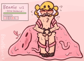 animal_genitalia anthro biped blonde_hair blush blush_lines bodily_fluids drooling duo fingers fluffy_ears front_view game_over gameplay_mechanics genitals hair heart_symbol hooved_fingers hooves horn male male/male male_penetrating penetration penis pregnant pregnant_male restrained restraints saliva sheath slime small_penis sweat tentacles bean0tastic beanie_(bean0tastic) bovid caprine goo_creature mammal sheep digital_drawing_(artwork) digital_media_(artwork) hi_res
