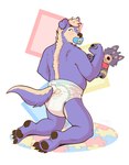 ageplay anthro black_pawpads clean_diaper clothed clothing diaper fur kneeling little_kings_(diaper) male object_in_mouth pacifier pacifier_in_mouth pawpads paws playing plushie purple_body purple_fur rear_view roleplay simple_background solo tan_body tan_fur wearing_diaper wetness_indicator white_background tennettthedl abuniverse little_kings tennet canid canine canis domestic_dog mammal hi_res