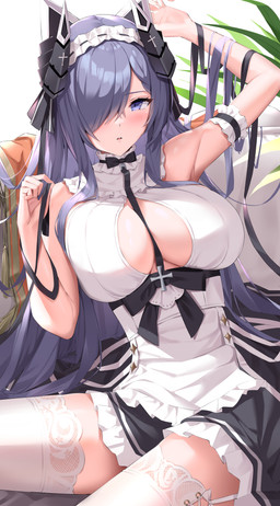 between_breasts big_breasts blue_hair bottomwear breasts cleavage clothed clothing cross female hair horn legwear skirt solo thigh_highs kyonta1234567 horned_humanoid humanoid absurd_res hi_res