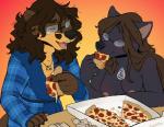 2016 anthro black_body black_fur breasts brown_body brown_fur brown_hair canid canine canis duo eating eyes_closed eyewear female food fur glasses hair husband_and_wife inside machati-sama male mammal married_couple mustelid nipples nude otter pizza romantic romantic_couple wolf
