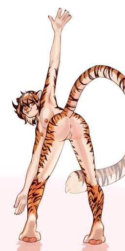 5_fingers anthro anus areola bent_over biped black_body black_hair black_stripes breasts brown_hair butt claws countershading fangs feet female female_anthro fingers fur genitals hair looking_at_viewer looking_back looking_back_at_viewer multicolored_body multicolored_fur multicolored_hair nipples nude nude_anthro nude_female orange_body orange_eyes orange_fur orange_hair pawpads paws piercing pink_anus pink_genitals pink_nipples pink_nose pink_pawpads pink_vulva presenting presenting_hindquarters presenting_vulva raised_tail rear_view simple_background smile solo standing stretching striped_body striped_fur stripes tail teeth toes vulva white_background white_body white_fur white_hair yellow_eyes flururu arknights hypergryph studio_montagne waaifu_(arknights) felid mammal pantherine tiger 1:2 digital_media_(artwork) full-length_portrait hi_res portrait