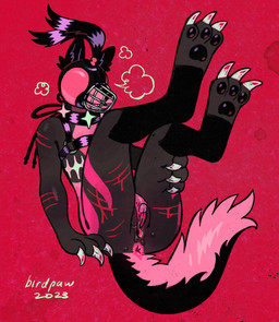 3_fingers 3_toes andromorph anthro anus arm_scar big_clitoris black_body black_ears black_fur black_harness black_pawpads black_tail blindfold blood bodily_fluids breath claws clitoris ear_tuft falconry_hood feet fingers fur genitals glistening glistening_pawpads grey_body grey_fur hand_on_leg hand_on_own_leg harness hood intersex leg_scar legs_up mastectomy_scar multicolored_body multicolored_fur muzzle_(object) muzzled pawpads pink_anus pink_body pink_fur pink_tail pink_vulva red_background scar simple_background solo tail tail_tuft text three-quarter_view toes tuft two_tone_body two_tone_fur two_tone_tail vulva wire_basket_muzzle wounded birdpaw_(artist) canid canine mammal 2023 artist_name digital_media_(artwork) full-length_portrait hi_res portrait warm_colors trans_(lore) trans_man_(lore)