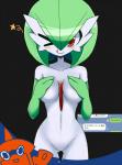 animate_inanimate areola armwear black_background breasts clothing collarbone covering covering_breasts covering_self duo elbow_gloves featureless_crotch female female_focus gardevoir generation_3_pokemon generation_4_pokemon gloves green_hair hair handwear japanese_text licking licking_lips looking_at_viewer navel nei_chi nintendo not_furry one_eye_closed pokedex pokemon pokemon_(species) red_eyes rotom rotom_pokedex self_lick short_hair simple_background smile solo_focus standing star star_wink text tongue tongue_out translation_request wink