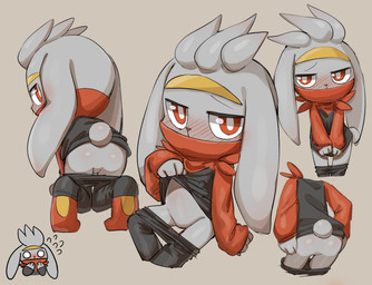 ambiguous_gender anthro blush bottomwear bottomwear_down butt clothed clothing clothing_lift featureless_crotch fur looking_at_viewer mooning multiple_poses null pants pants_down partially_clothed pose presenting presenting_hindquarters red_eyes shirt shirt_lift shirt_up simple_background solo topwear young young_anthro hanuvo nintendo pokemon generation_8_pokemon lagomorph mammal pokemon_(species) raboot 2020 digital_media_(artwork) hi_res