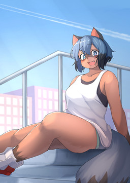 anthro black_body black_fur black_hair blue_body blue_fur blue_hair blush bottomwear bra breasts brown_body brown_fur clothed clothing cute_fangs day dipstick_tail fangs female female_anthro footwear fur gloves_(marking) green_eyes hair kemono leg_markings looking_at_viewer markings multicolored_body multicolored_fur multicolored_hair multicolored_tail open_mouth outside shirt shoes short_hair shorts sky slightly_chubby socks_(marking) solo sports_bra tail tail_markings tan_body tan_fur tank_top teeth thick_thighs tongue topwear underwear kagarimachi_ame brand_new_animal studio_trigger michiru_kagemori canid canine mammal raccoon_dog tanuki 2022 digital_media_(artwork) hi_res translated_description