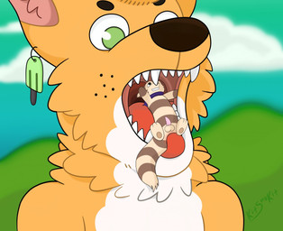 3_fingers 3_toes ambiguous_gender anthro balls black_eyes black_nose blue_sky blurred_background body_in_mouth brown_body brown_fur brown_markings brown_tail cheek_tuft cloud countershade_face countershade_torso countershading depth_of_field duo ear_piercing erection eyebrows facial_tuft fangs feet feral fingers freckles front_view fur fur_tuft gaping_mouth genitals gloves_(marking) green_eyes grin interspecies kerchief larger_ambiguous looking_down male male_prey markings micro mostly_nude mount multicolored_body multicolored_fur neck_tuft neckerchief neckwear no_pupils one_eye_closed open_mouth orange_body orange_fur outside penis piercing pink_penis red_tongue ring_(marking) ringed_tail semi-anthro sex sharp_teeth size_difference size_play sky smaller_male smile striped_markings striped_tail stripes tail tail_markings tan_body tan_fur tan_tail tapering_penis teeth toes tongue tuft two_tone_body two_tone_fur two_tone_tail vore whisker_markings white_body white_countershading white_fur anowotternpc nintendo pokemon canid canine furret generation_2_pokemon mammal mustelid pokemon_(species) 2017 cel_shading digital_media_(artwork) shaded signature