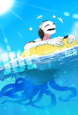 black_eyes black_hair duo female hair horn inflatable male pool_float sharp_teeth skeletal swimming teeth tentacles underwater water guchiyama douglas_(guchiyama) nihil_(guchiyama) human humanoid mammal monster