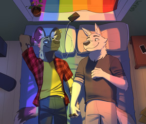 anthro bed black_eyebrows black_nose brown_body brown_fur brown_spots duo ear_piercing ear_ring electronics eye_contact eyebrows flag fur furniture hand_behind_head hand_holding headphones inside lgbt_pride looking_at_another lying male male/male markings piercing pillow pride_color_flag pride_colors rainbow_pride_colors raised_arm ring_piercing romantic romantic_couple six-stripe_rainbow_pride_colors smile spots spotted_body spotted_fur tan_body tan_fur whisker_spots white_body white_fur white_inner_ear window grambledeggs african_wild_dog canid canine canis mammal wolf hi_res