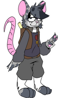 3_toes 4_fingers anthro backpack bottomwear clothing feet fingers grey_body male pants scarf shirt shorts solo toes topwear wannapossums rutfer_j._randtex mammal murid murine rat rodent 3:4