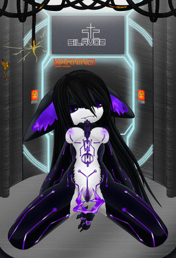 anthro black_body black_hair breasts cable cervix chain chain_leash clitois electricity electronics female fur genitals glowing glowing_eyes hair imminent_sex kneeling laboratory leash long_hair looking_at_viewer markings metal navel nippel presenting purple_eyes smile solo spread_legs spread_vulva spreading teeth television vulva white_body white_fur silavos made_in_abyss vrchat fan_character domestic_cat felid feline felis mammal narehate hi_res watermark