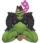 2023 anthro balls barazoku black_body bodily_fluids body_hair canid canine digital_media_(artwork) dripping erection front_view full-length_portrait fur generation_9_pokemon genital_fluids genitals green_body grin hairy_balls half-closed_eyes hand_on_leg hand_on_thigh hi_res humanoid_genitalia humanoid_penis kneeling legendary_pokemon looking_at_viewer male mammal mr_sharky multicolored_body multicolored_fur musclegut muscular muscular_anthro muscular_male narrowed_eyes nintendo nipples okidogi pecs penis pinup pokemon pokemon_(species) portrait pose precum precum_drip presenting presenting_penis pubes simple_background slightly_chubby smile solo spread_legs spreading suggestive toxic_chain white_background