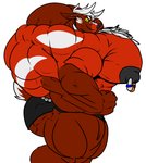 alternate_species anthro antlers big_muscles big_pecs black_nipples body_hair boxers_(clothing) chest_hair clothed clothing earpiece eyewear glasses horn huge_muscles huge_pecs hyper hyper_muscles hyper_pecs looking_at_viewer male muscular muscular_anthro muscular_male nipple_piercing nipples pecs piercing side_view smile solo standing underwear underwear_only yellow_eyes fierglief fierglief_(character) cervine deer mammal 2018 absurd_res hi_res