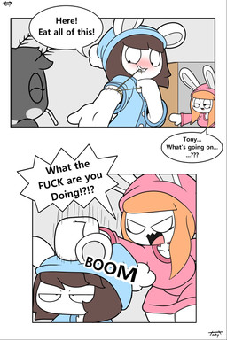 angry antennae_(anatomy) anthro blue_clothing blue_pajamas blush breasts brown_hair clothing dialogue door eyelashes female fist group hair hitting_another hitting_head male orange_hair pajamas pink_clothing pink_pajamas profanity rubber_band speech_bubble text trio tonytoran tina_(tonytoran) tony_(tonytoran) arthropod chinchilla chinchillid fly_(animal) insect lagomorph leporid mammal mosquito rabbit rodent 2:3 comic english_text hi_res
