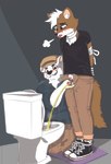 anthro assisted_peeing bodily_fluids bound duo genital_fluids genitals holding_penis male male/male penis urine urine_stream dewvox bear canid mammal absurd_res hi_res