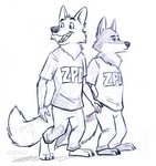 anthro clothed clothing duo frown fully_clothed male police smile adriano_berjillos disney zootopia officer_grizzoli officer_wolfard canid canine canis mammal wolf sketch