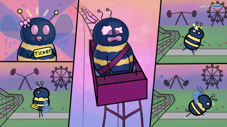 accessory amusement_ride antennae_(anatomy) anthro balloon bodily_fluids bow_ribbon dizzy eyelashes female flower hair_accessory hair_bow hair_ribbon inflatable multicolored_body open_mouth plant purple_eyes ribbons roller_coaster sidewalk sky solo tears ticket two_tone_body wide_eyed wings mespy_(artist) arthropod bee hymenopteran insect 16:9 hi_res widescreen