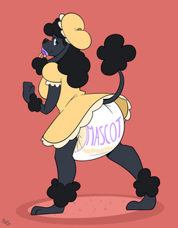 ambiguous_gender anthro black_body black_fur black_nose black_tail black_tail_tuft blush blush_lines bonnet breasts clean_diaper clothed clothing diaper dress fist fur headgear headwear logo looking_back object_in_mouth pacifier pacifier_in_mouth purple_pacifier red_background simple_background smile solo tail tail_tuft text text_on_diaper tuft wearing_diaper yellow_clothing yellow_dress yellow_headwear bubblepuppers jennifer_brooks canid canine canis domestic_dog mammal poodle artist_logo english_text hi_res