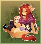 ambiguous_gender anthro barefoot biped bottomwear clothed clothing eyebrows feet feral group hair inner_ear_fluff midriff shorts smile tail tail_tuft tuft whiskers coff domestic_cat felid feline felis lion mammal pantherine hi_res