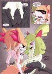 absurd_res anthro bangs bodily_fluids braixen breasts canid canine comic dialogue duo english_text female female/female fur generation_3_pokemon generation_6_pokemon genitals green_nipples hair hand_on_crotch hi_res kirlia mammal nintendo nipples pokemon pokemon_(species) ponporio_(artist) ponytail profanity pussy romantic sex small_breasts sweat text tribadism vaginal yellow_nipples