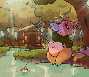 anthro belly belly_blush beverage beverage_can big_belly bloated blush bodily_fluids body_blush bottomless chugging clothed clothing drinking eye_bags fishing fishing_line fishing_rod food food_fetish grunting hand_on_belly hoodie hoodie_only inflation light light_beam log_cabin male multicolored_body navel onomatopoeia outside paws plant river rumbling_stomach solo sound_effects sunbeam sunlight sweat sweatdrop text topwear topwear_only tree two_tone_body bearr_12 webfishing canid canine mammal digital_drawing_(artwork) digital_media_(artwork) handwritten_text hi_res