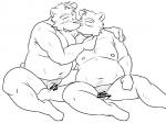 anthro blush duo eyebrows flaccid foreskin genitals hair hug kemono kissing male male/male navel open_mouth overweight penis simple_background sitting oogamikennta 4:3 censored monochrome sketch