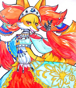anthro belly_dancer claws clothing collar crop_top crown fangs female fur gem hands_up headgear inner_ear_fluff jewelry looking_at_viewer necklace open_mouth orange_body orange_fur red_body red_eyes red_fur shirt smile solo teeth tiara topwear tuft white_body white_fur yellow_body yellow_fur miku1215 nintendo pokemon sacred_style_delphox canid delphox generation_6_pokemon mammal pokemon_(species) 2026 portrait three-quarter_portrait