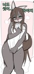 anthro bathrobe blush breasts breath brown_hair brown_tail canid canine canis cleavage clothed clothing covering covering_self cute_fangs dialogue drop ediblerabbit female female_anthro green_eyes grey_body hair hi_res kemono korean_text long_hair looking_at_viewer mammal multicolored_body open_mouth pink_background robe simple_background solo steam tail text thigh_gap translation_check translation_request white_body wolf