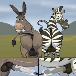 anatomically_correct anatomically_correct_anus anatomically_correct_genitalia anatomically_correct_penis animal_genitalia animal_penis anus balls bodily_fluids butt cum duo ejaculation equine_anus equine_genitalia equine_penis erection feral fur genital_fluids genitals looking_at_viewer looking_back male narrowed_eyes penile penis penis_milking penis_milking_machine puffy_anus raised_tail rear_view seductive smile stripes tail tail_anus teeth urethra mcfan dreamworks madagascar_(series) shrek_(series) donkey_(shrek) marty_(madagascar) asinus donkey equid equine mammal zebra 1:1 digital_media_(artwork) hi_res