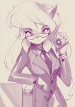 5_fingers anthro arm_support business_suit clothed clothing eyewear female filing_cabinet fingers glasses hair leaning long_hair looking_at_viewer necktie simple_background smile solo suit bleedman hanna-barbera swat_kats callie_briggs domestic_cat felid feline felis mammal monochrome portrait