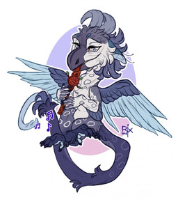 ambiguous_gender beak blue_body blue_feathers butt_tuft cheek_tuft chibi eyelashes facial_tuft feathered_wings feathers fur glistening glistening_eyes grey_body grey_fur head_feathers narrowed_eyes playing_music semi-anthro simple_background solo tuft white_body white_eyes white_fur wings riorix species_request 2018 dated hi_res signature
