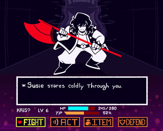 anthro armband axe belt bottomwear clothing female footwear gameplay_mechanics pants solo spiked_armband spikes text topwear weapon white_body stephsartlab deltarune undertale_(series) susie_(deltarune) scalie 2025