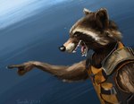 2017 absurd_res anthro black_body black_fur black_nose brown_body brown_fur cheek_tuft claws clothed clothing facial_tuft fangs finger_claws fingers fur gesture guardians_of_the_galaxy hand_gesture hi_res male mammal marvel open_mouth orange_clothing pointing procyonid raccoon rocket_raccoon solo swish teeth text tongue tuft whiskers white_body white_fur yellow_eyes