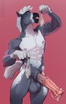 abs animal_genitalia animal_penis anthro balls biceps big_balls big_penis bodily_fluids condom cum equine_genitalia equine_penis erection filled_condom genital_fluids genitals huge_balls huge_penis male medial_ring navel nipples penis sexual_barrier_device sheath simple_background solo standing tail tongue tongue_out 1cassius1 equid equine horse mammal digital_drawing_(artwork) digital_media_(artwork) hi_res