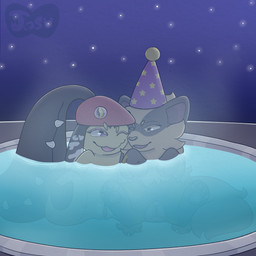 beret clothing cuddling duo fangs female female/female genitals happy hat headgear headwear hot_tub looking_at_another mega_stone night party_hat pawpads paws sitting sky smile star starry_sky steam teeth vulva water winking_at_another jasucharm kinktober_2025 nintendo pokemon generation_1_pokemon generation_3_pokemon growlithe mawile pokemon_(species) 1:1 2025 absurd_res colored digital_drawing_(artwork) digital_media_(artwork) hi_res line_art shaded